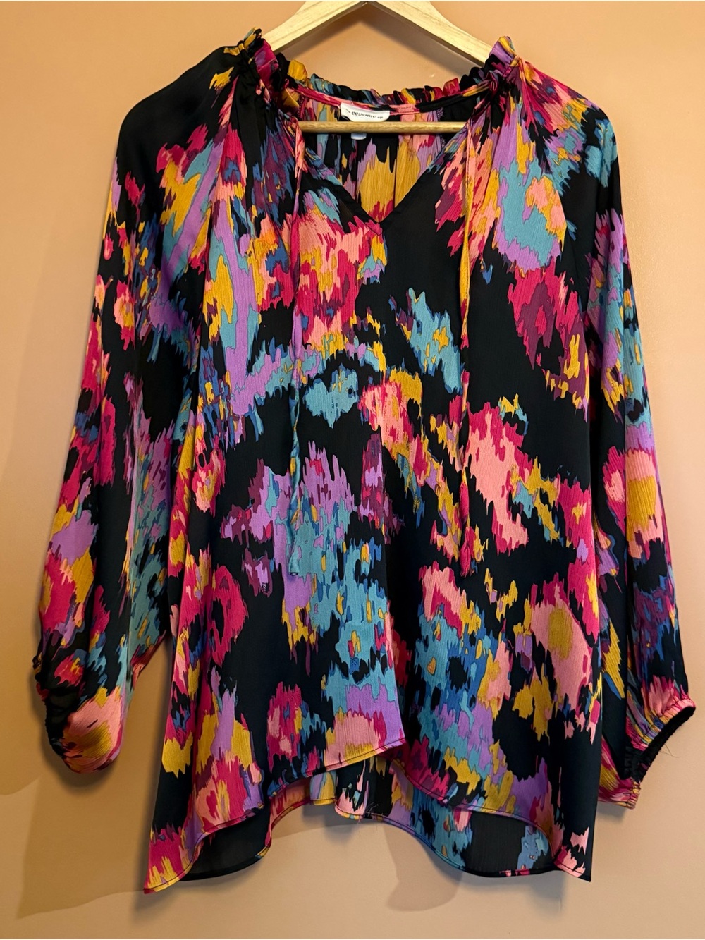Women Medium Black Multicolor Abstract Floral Blouse Boho Balloon Sleeve Artsy